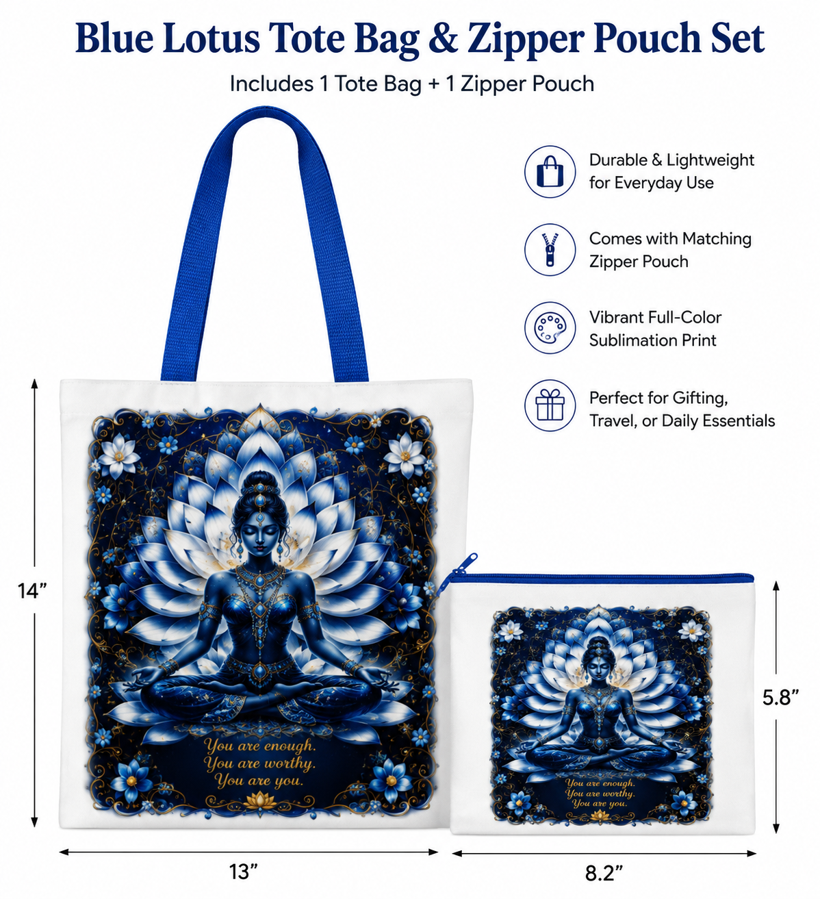 Blue Lotus Tote Bag & Zipper Pouch Set