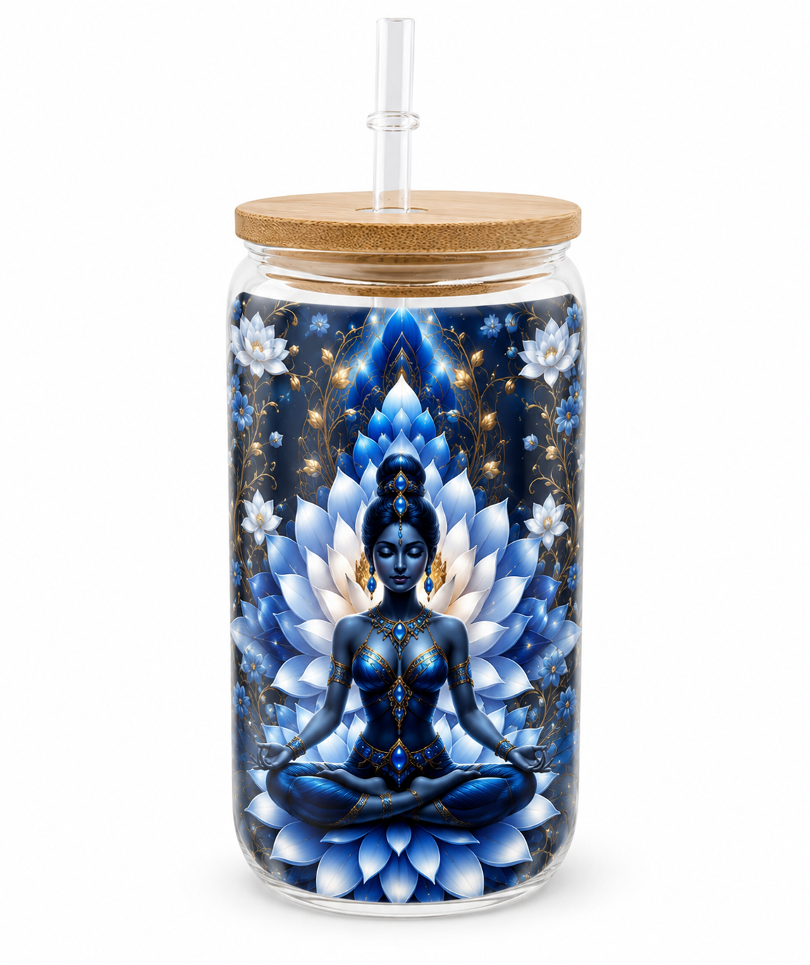 Blue Lotus 16oz Glass Tumbler with Bamboo Lid