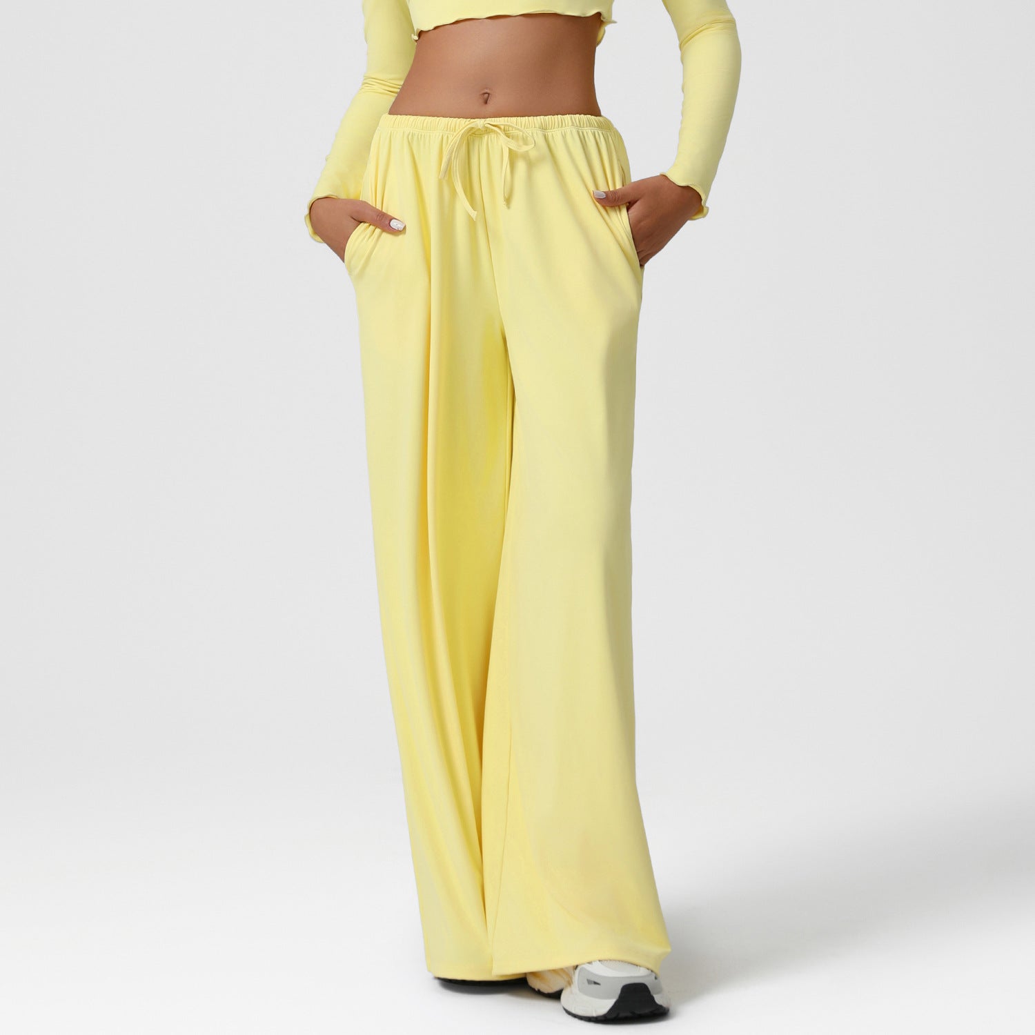 Autumn Winter Wide Leg Women Sports Pants Loose Low Waist Fitness Pants Drawstring Elastic Casual Yoga Pant Belt Pocket