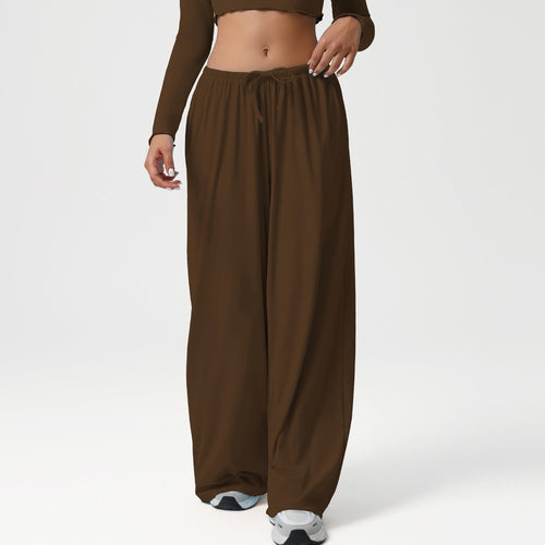 Autumn Winter Wide Leg Women Sports Pants Loose Low Waist Fitness Pants Drawstring Elastic Casual Yoga Pant Belt Pocket