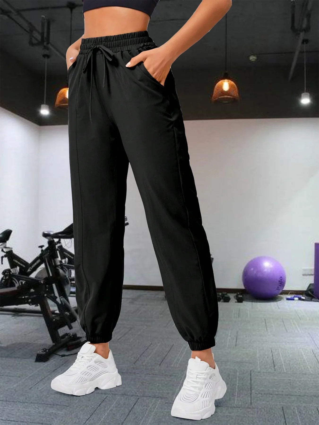 Loose running and fitness pants, women's side pockets, outdoor casual sports pants, ankle tied yoga pants