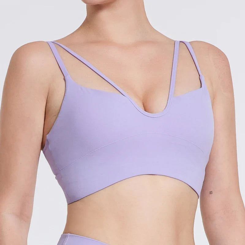 DIAS FIT JOY Women's Double Thin Shoulder Strap Yoga Vest with Chest Mat Sports Underwear V-neck Fitness Bra Yoga Back Beauty