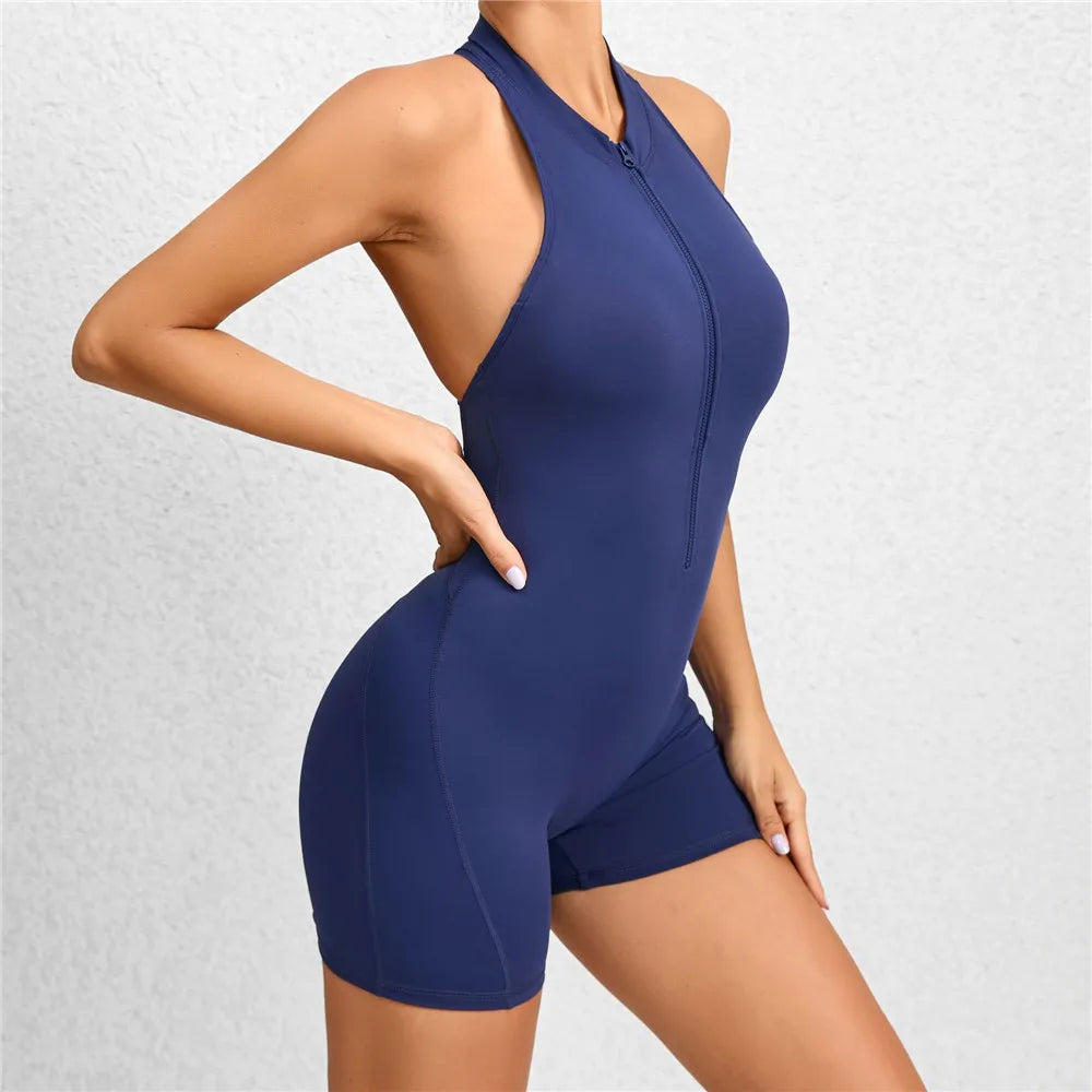 2026 Pad Sleeveless Deep V Exercise Gym Yoga Set One Piece Jumpsuit Women Sport Workout Fitness Scrunch Shorts Active Wear XP301