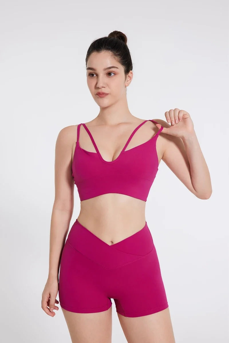DIAS FIT JOY Women's Double Thin Shoulder Strap Yoga Vest with Chest Mat Sports Underwear V-neck Fitness Bra Yoga Back Beauty