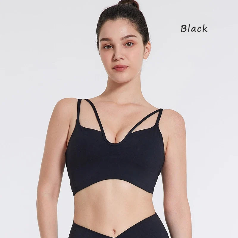 DIAS FIT JOY Women's Double Thin Shoulder Strap Yoga Vest with Chest Mat Sports Underwear V-neck Fitness Bra Yoga Back Beauty