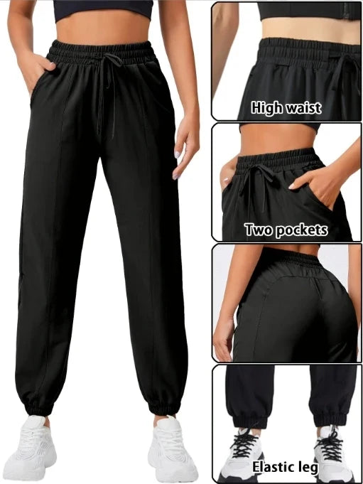 Loose running and fitness pants, women's side pockets, outdoor casual sports pants, ankle tied yoga pants