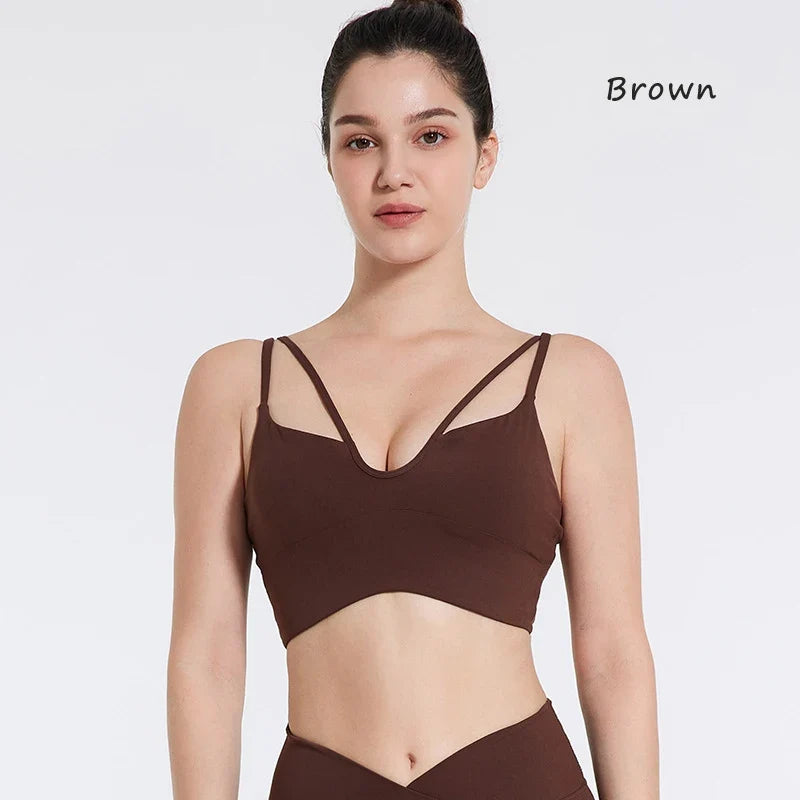DIAS FIT JOY Women's Double Thin Shoulder Strap Yoga Vest with Chest Mat Sports Underwear V-neck Fitness Bra Yoga Back Beauty