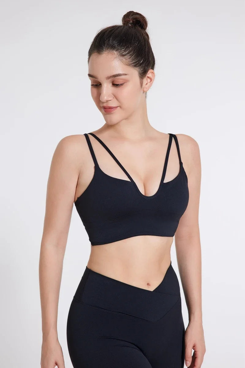 DIAS FIT JOY Women's Double Thin Shoulder Strap Yoga Vest with Chest Mat Sports Underwear V-neck Fitness Bra Yoga Back Beauty