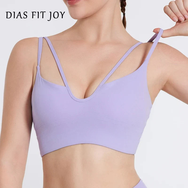 DIAS FIT JOY Women's Double Thin Shoulder Strap Yoga Vest with Chest Mat Sports Underwear V-neck Fitness Bra Yoga Back Beauty