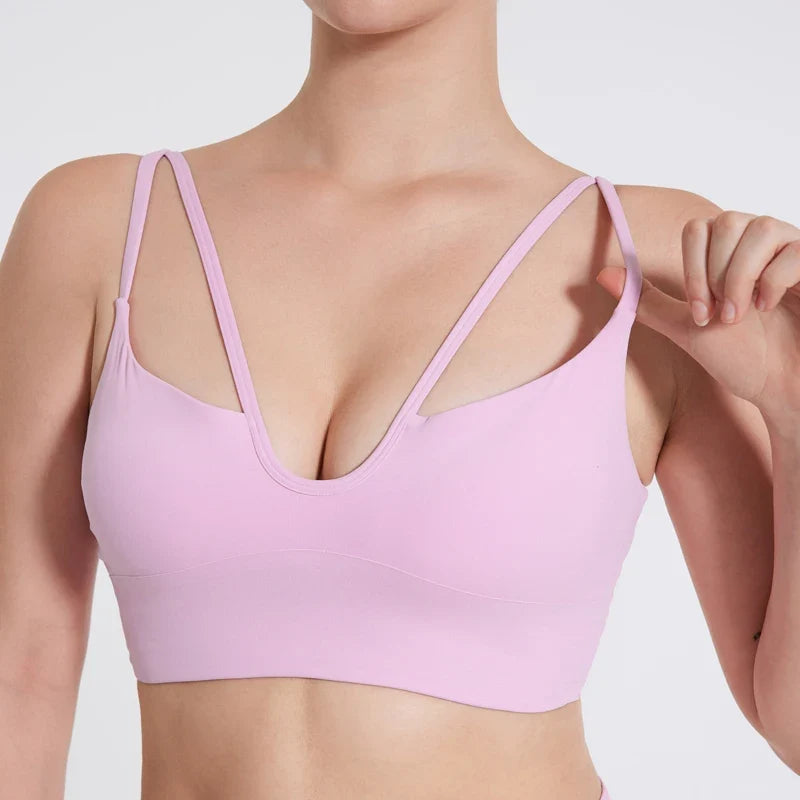 DIAS FIT JOY Women's Double Thin Shoulder Strap Yoga Vest with Chest Mat Sports Underwear V-neck Fitness Bra Yoga Back Beauty