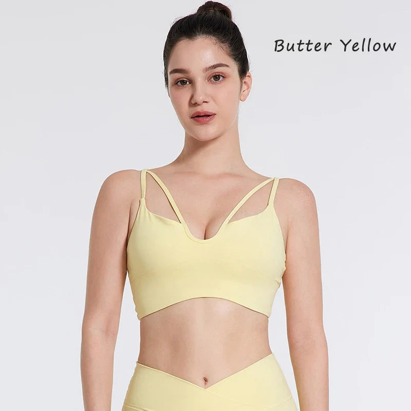 DIAS FIT JOY Women's Double Thin Shoulder Strap Yoga Vest with Chest Mat Sports Underwear V-neck Fitness Bra Yoga Back Beauty