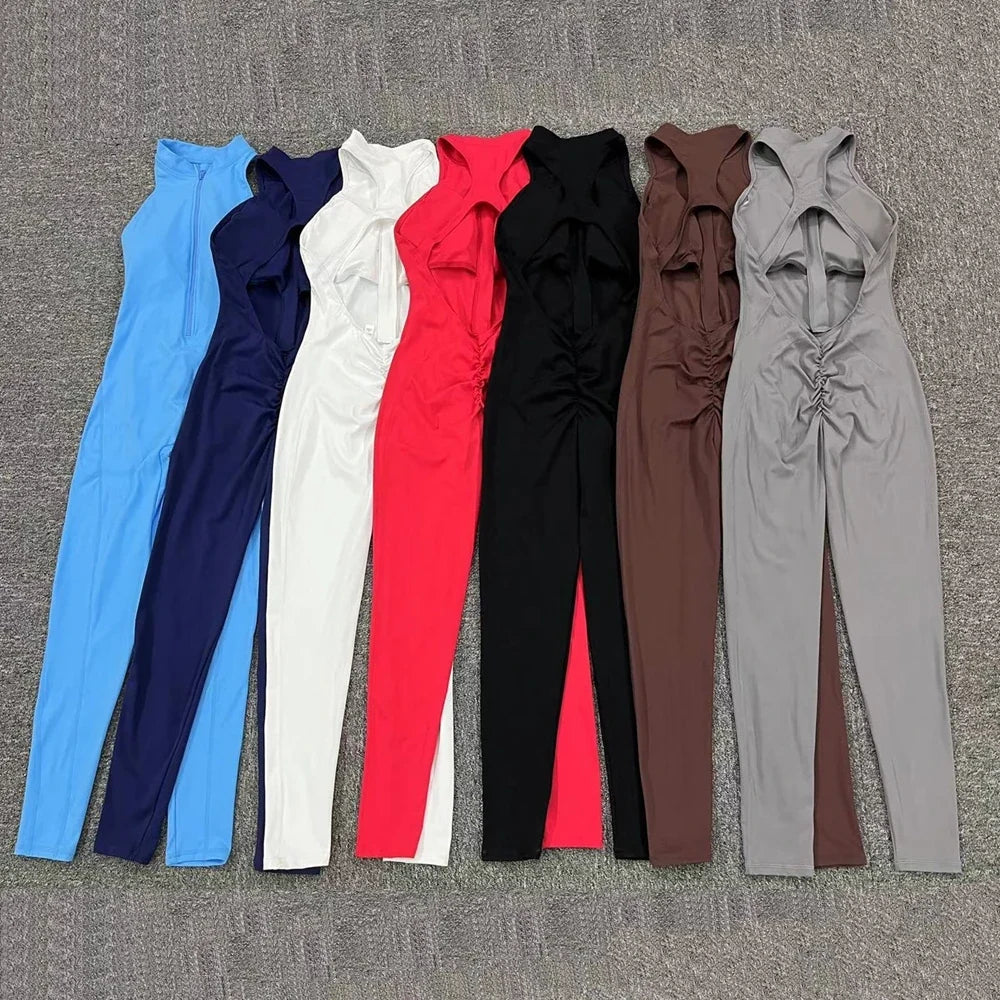 2026 Pad Sleeveless Deep V Exercise Gym Yoga Set One Piece Jumpsuit Women Sport Workout Fitness Scrunch Shorts Active Wear XP301