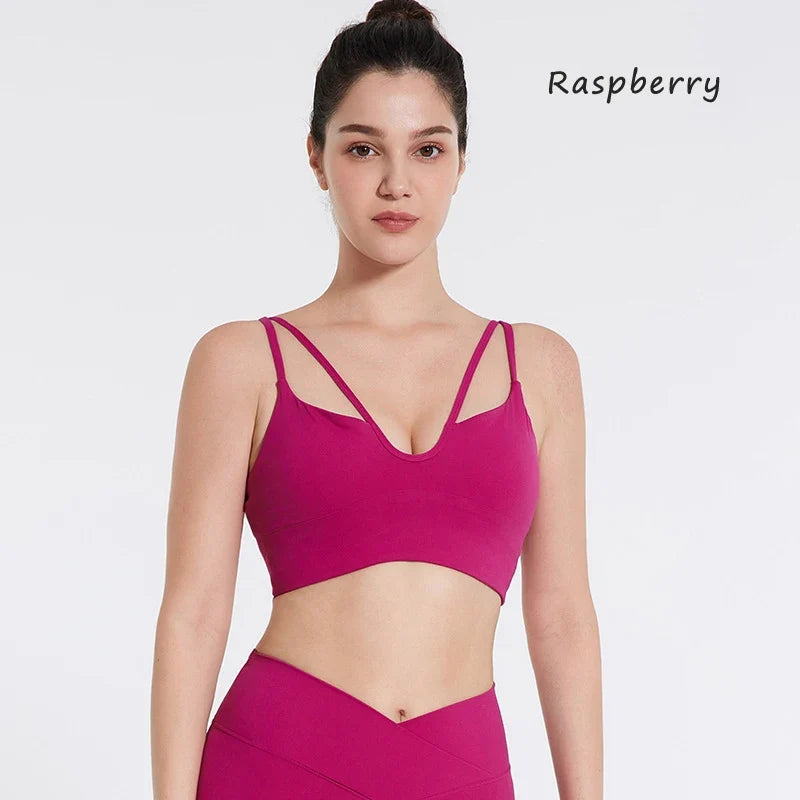 DIAS FIT JOY Women's Double Thin Shoulder Strap Yoga Vest with Chest Mat Sports Underwear V-neck Fitness Bra Yoga Back Beauty