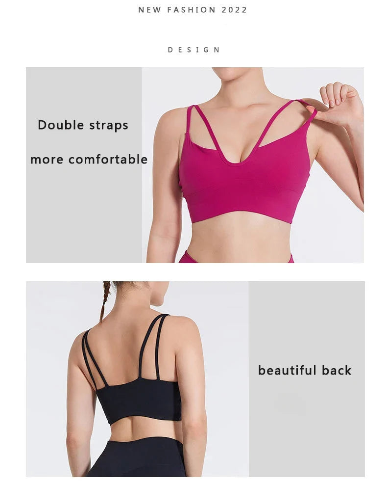 DIAS FIT JOY Women's Double Thin Shoulder Strap Yoga Vest with Chest Mat Sports Underwear V-neck Fitness Bra Yoga Back Beauty