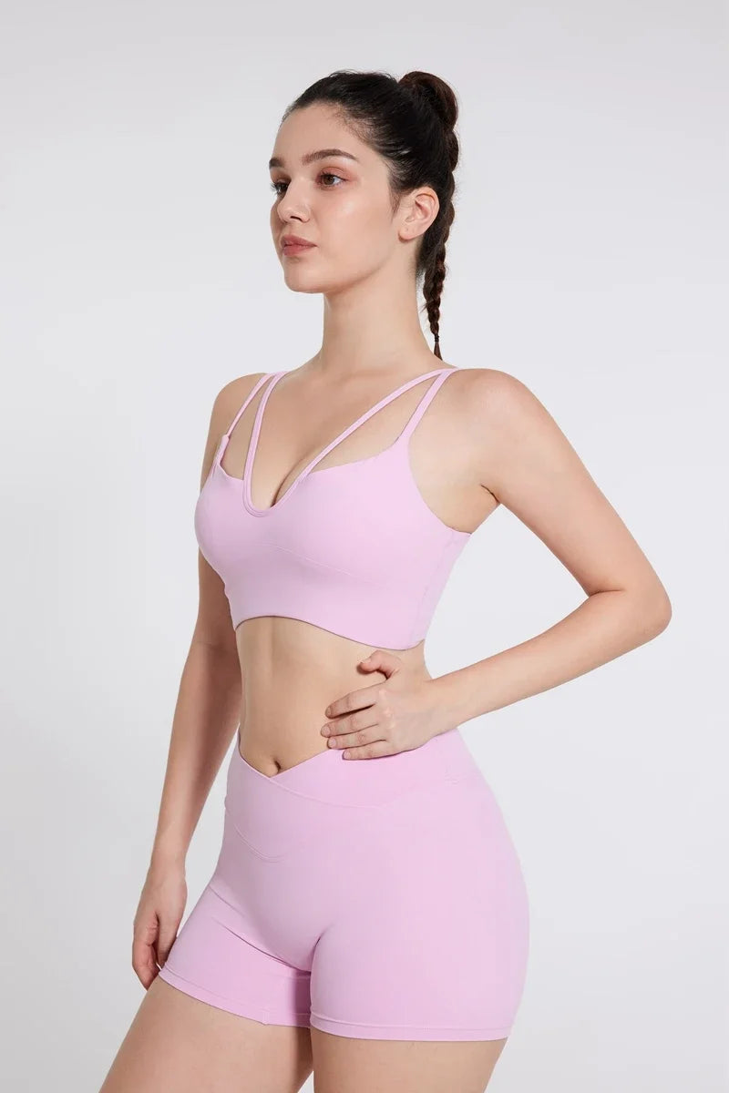 DIAS FIT JOY Women's Double Thin Shoulder Strap Yoga Vest with Chest Mat Sports Underwear V-neck Fitness Bra Yoga Back Beauty