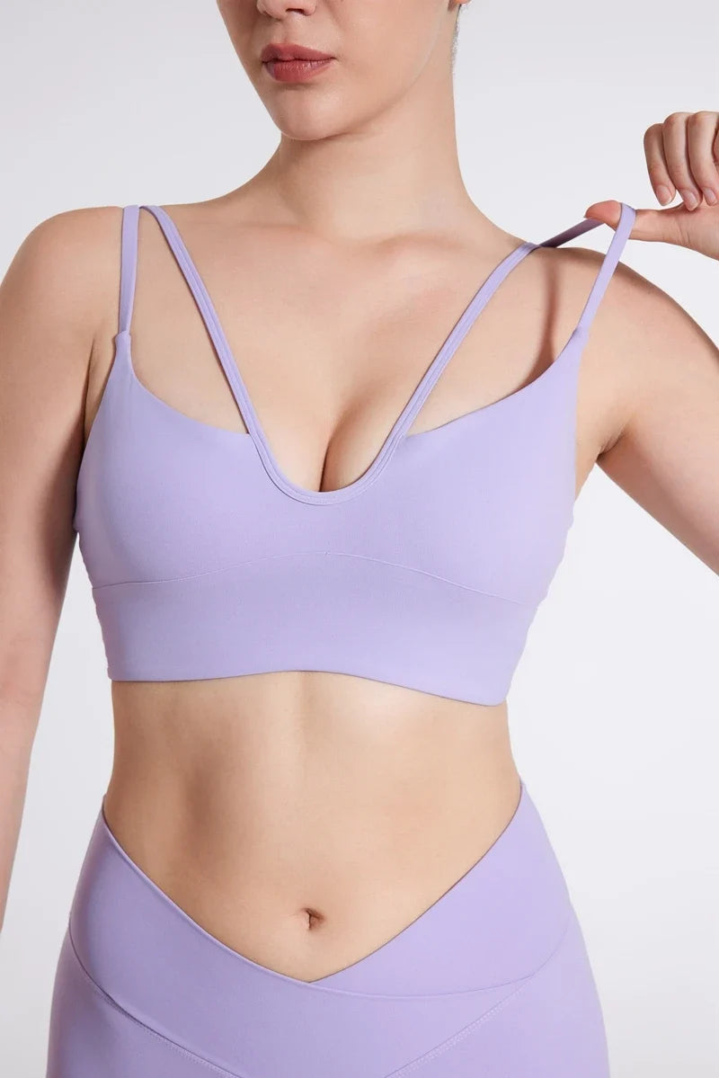 DIAS FIT JOY Women's Double Thin Shoulder Strap Yoga Vest with Chest Mat Sports Underwear V-neck Fitness Bra Yoga Back Beauty