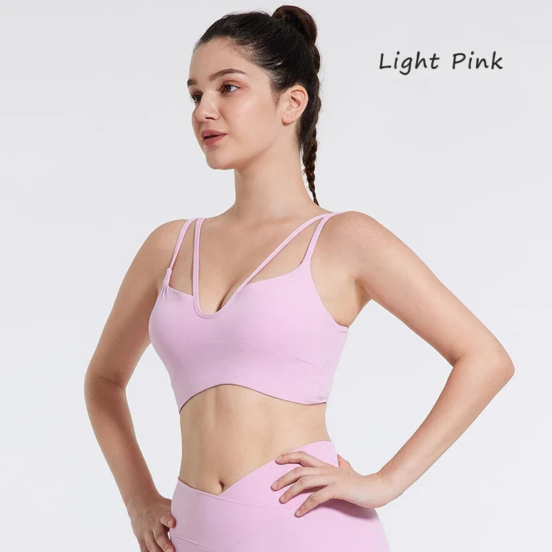 DIAS FIT JOY Women's Double Thin Shoulder Strap Yoga Vest with Chest Mat Sports Underwear V-neck Fitness Bra Yoga Back Beauty