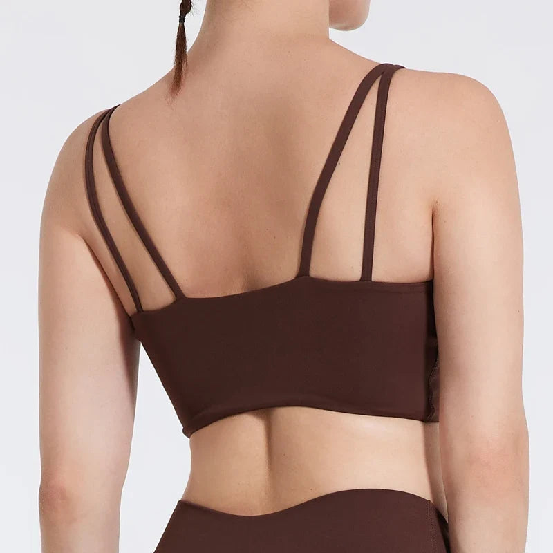 DIAS FIT JOY Women's Double Thin Shoulder Strap Yoga Vest with Chest Mat Sports Underwear V-neck Fitness Bra Yoga Back Beauty