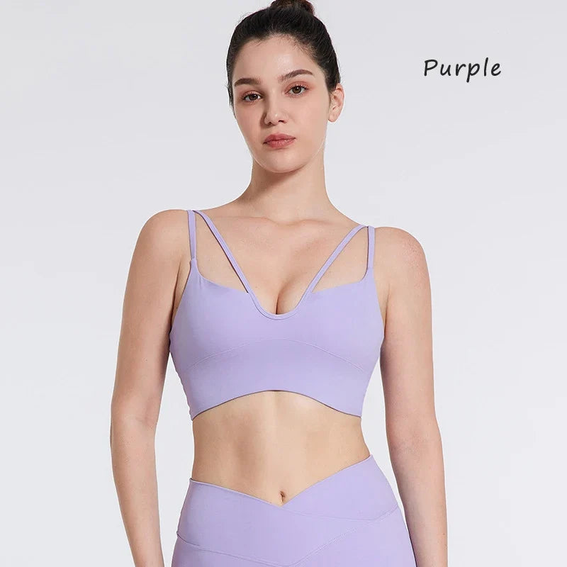DIAS FIT JOY Women's Double Thin Shoulder Strap Yoga Vest with Chest Mat Sports Underwear V-neck Fitness Bra Yoga Back Beauty