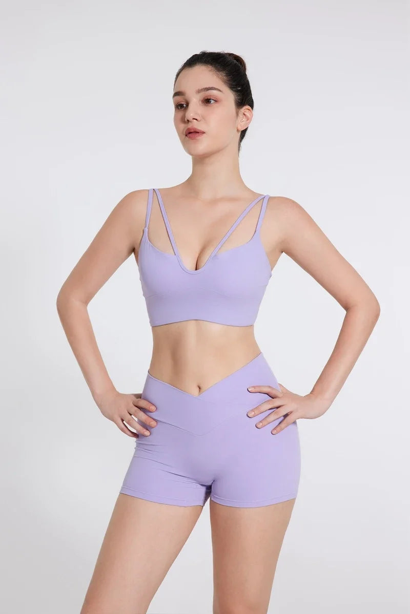 DIAS FIT JOY Women's Double Thin Shoulder Strap Yoga Vest with Chest Mat Sports Underwear V-neck Fitness Bra Yoga Back Beauty