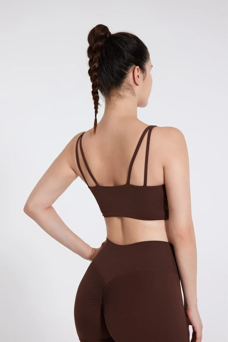 DIAS FIT JOY Women's Double Thin Shoulder Strap Yoga Vest with Chest Mat Sports Underwear V-neck Fitness Bra Yoga Back Beauty