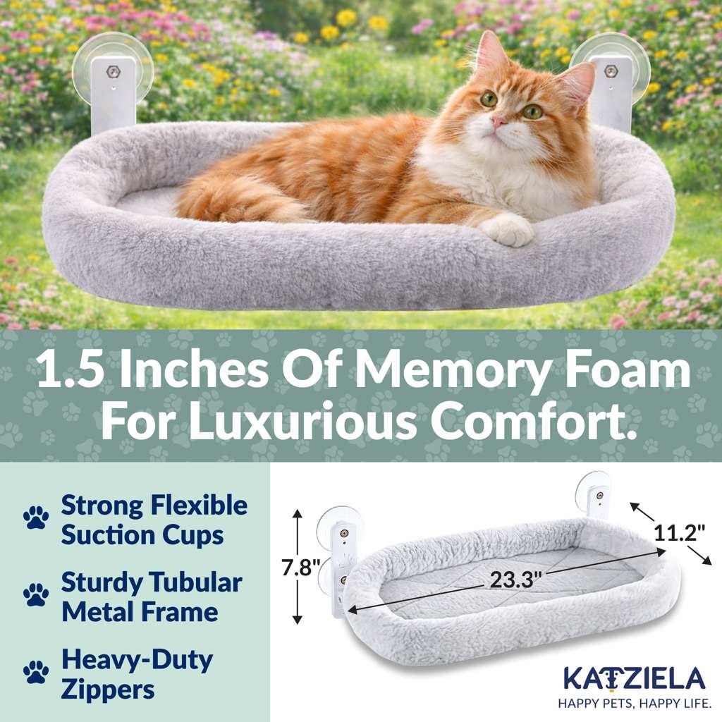 Katziela CloudPerch Cat Window Perch with Memory Foam Bed, Heavy-Duty Steel Frame, 4 Ultra-Strong Suction Cups