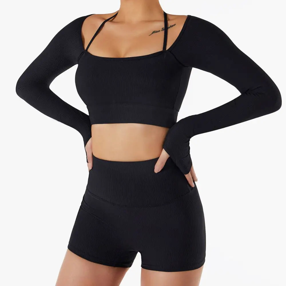 White Ribbed Long Sleeve Yoga Set with Chest Pad Slim Fit