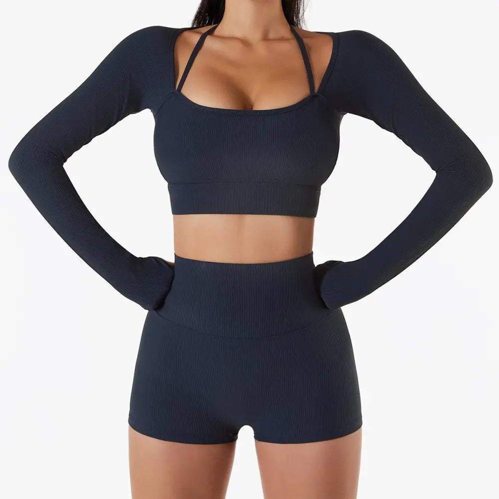 White Ribbed Long Sleeve Yoga Set with Chest Pad Slim Fit