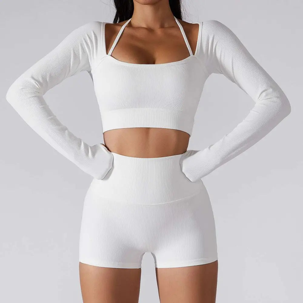White Ribbed Long Sleeve Yoga Set with Chest Pad Slim Fit
