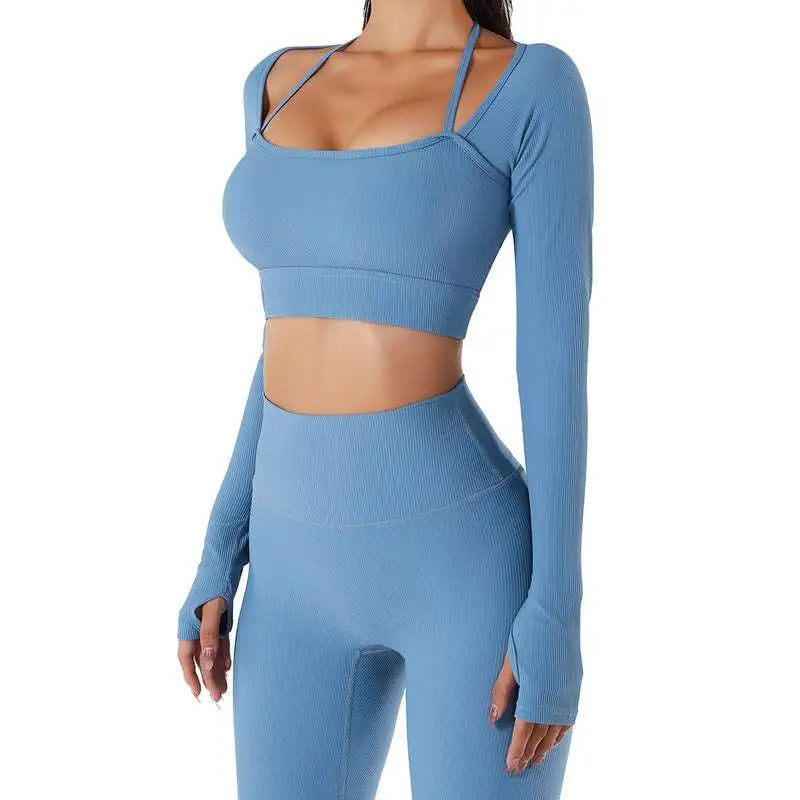 White Ribbed Long Sleeve Yoga Set with Chest Pad Slim Fit