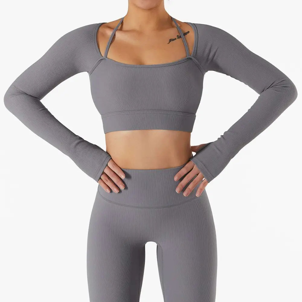 White Ribbed Long Sleeve Yoga Set with Chest Pad Slim Fit