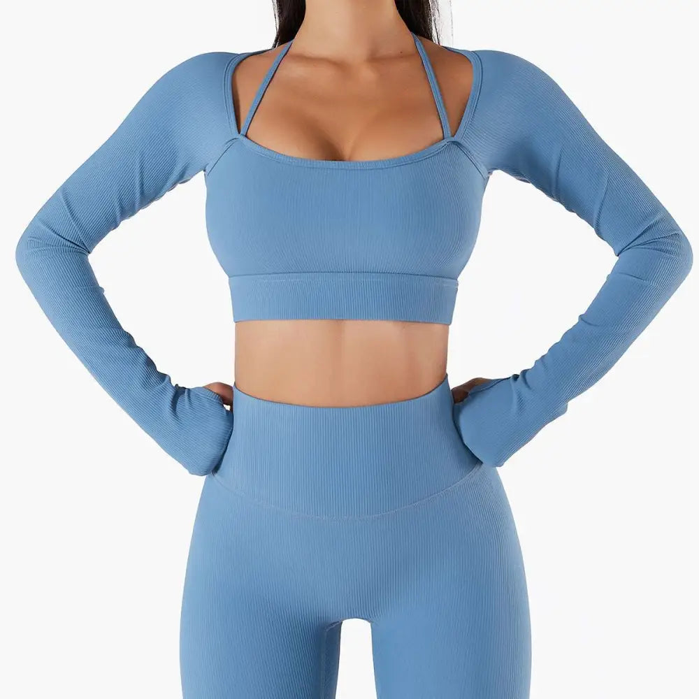 White Ribbed Long Sleeve Yoga Set with Chest Pad Slim Fit